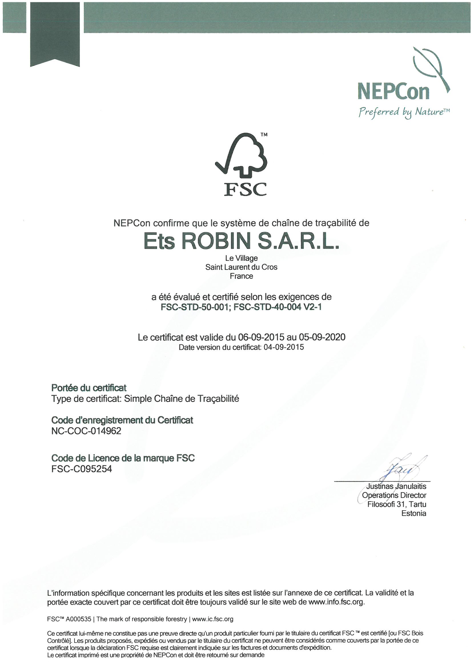 Certificat-Rainforest-Alliance certificat FSC SARL 2015-2020