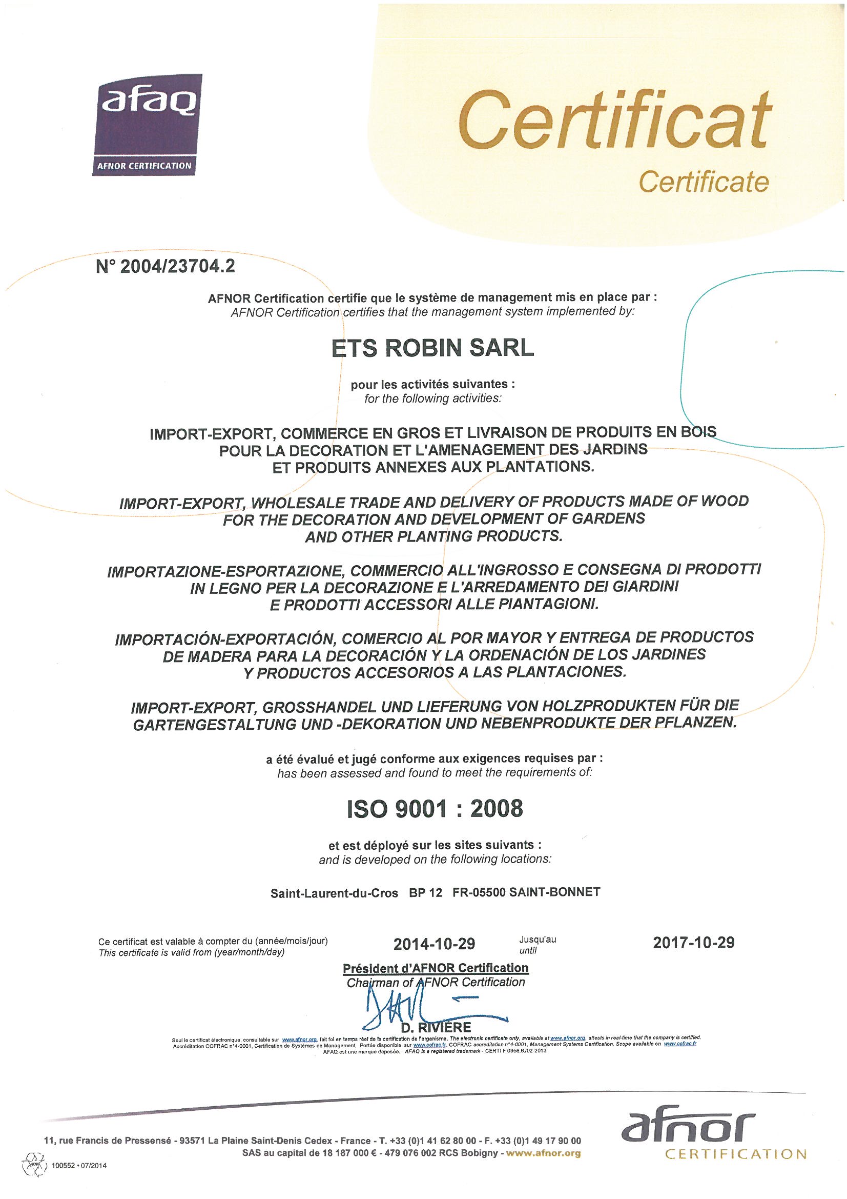 Certification AFAQ ISO9001 certificat ISO SARL 2014-2017