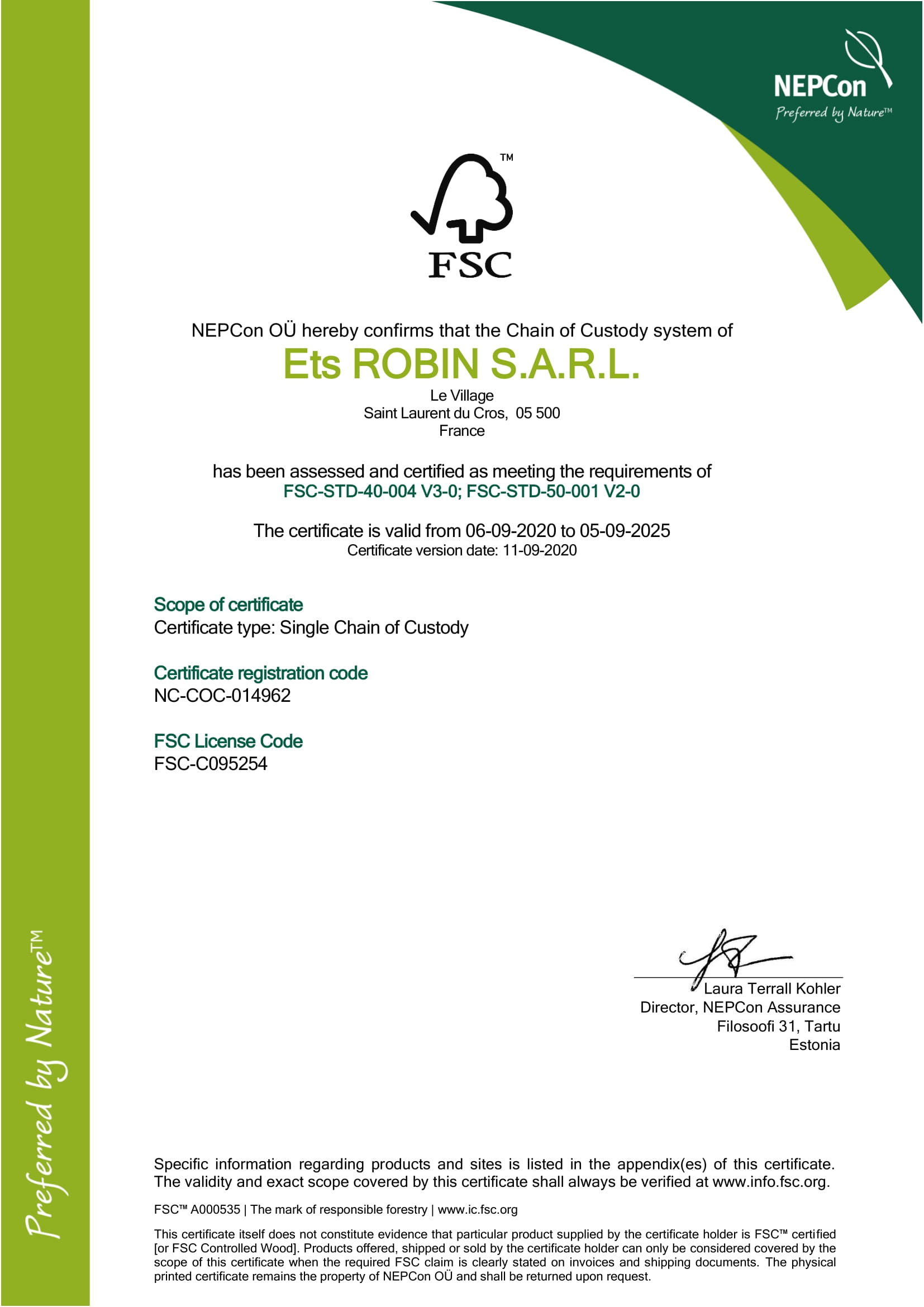 Ets ROBIN S.A.R.L. FSC COC Certificate 11.9.2020 1